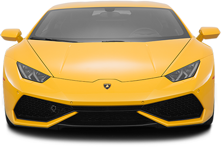 A front profile photo of a yellow Lamborghini Hurracan